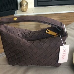 Small brown woven handbag
